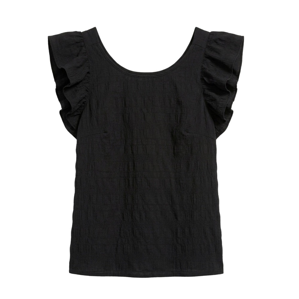 SHEIN Black Ruffle‎ Sleeve Textured Blouse Twist Back Scoop Neck Top Large